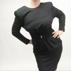 Char Vintage 80s Black Cocktail Dress Large Velvet Bow Rhinestone Pads Women's